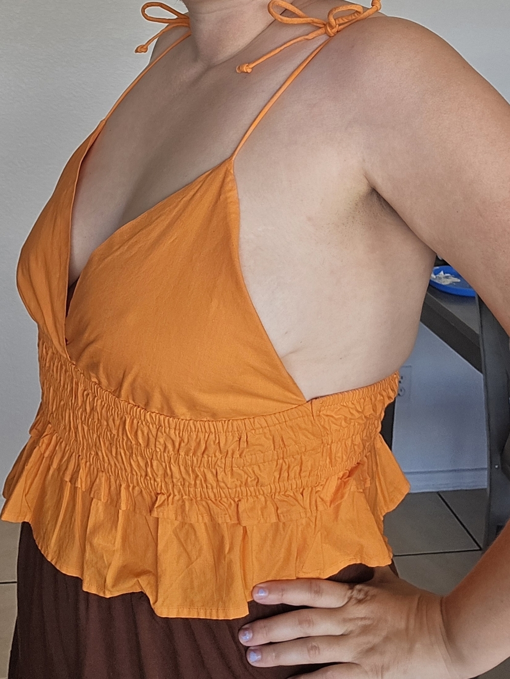 Orange Tie-Strap Smocked Ruffle Crop Top
